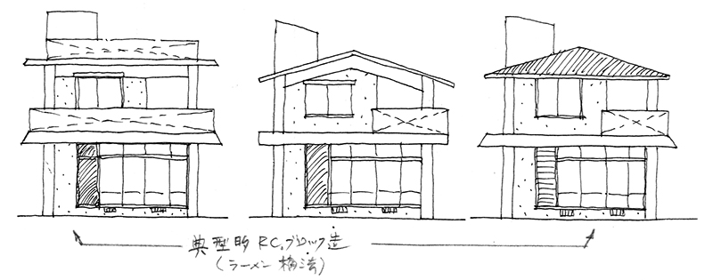 ６０年代半ばから普及したラーメン構造のコンクリート住宅の形態を示した根路銘さんのスケッチ