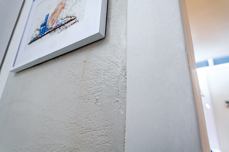 壁面は、もともとあった琉球漆喰の上から白いペンキを塗装。独特な質感が残る。端は新たに真っ白な和漆喰で縁取りをし、見た目もシャープな印象に