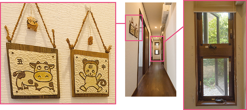（左写真）個室の入り口に飾られたプレート。使う人の干支のイラストが描かれている　（中央写真）両側に個室が並ぶ廊下　（右写真）窓の開き方が上下で異なり、それぞれ風の入り口と出口になるという
