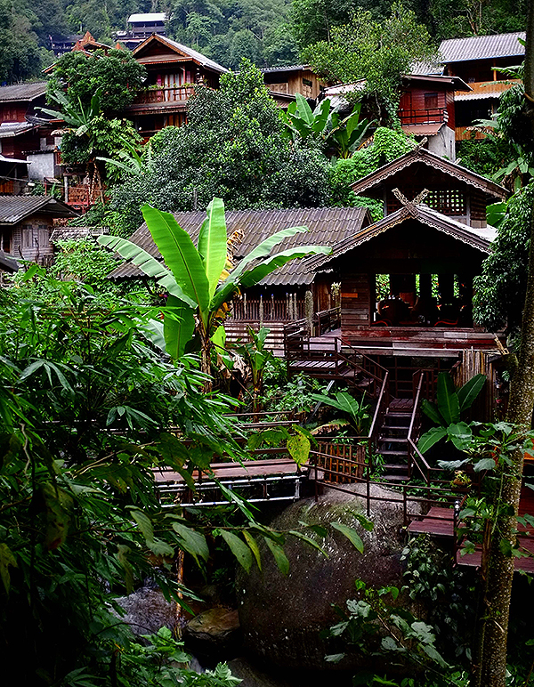高床式木造の家が斜面に沿って立ち並ぶ。村からもう少し山を登っていくと茶畑が広がっていて、大きな滝が流れている