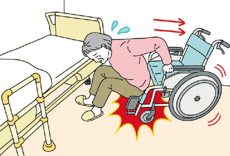 車いすからベッドやトイレの便座に移乗するとき、車いすのブレーキを掛け忘れることが時々ある。車いすが動いて転びそうになった。