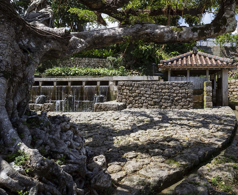 仲村渠樋川（ヒージャー）。ガジュマル、石垣、石畳、水場、あずまやが並ぶ風景は沖縄の原風景そのものである。