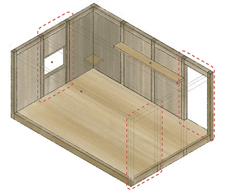 「可動木造部屋」のイメージ図。赤の点線で囲まれた３か所が取り外し可能