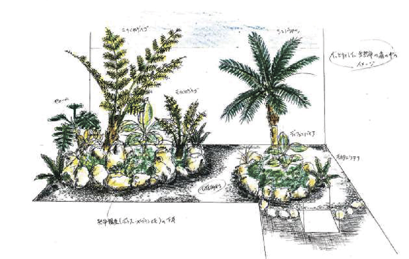 當間さんが手書きした、洋風の庭のイメージスケッチ。施工する前に描いて、庭のイメージを施主と共有する