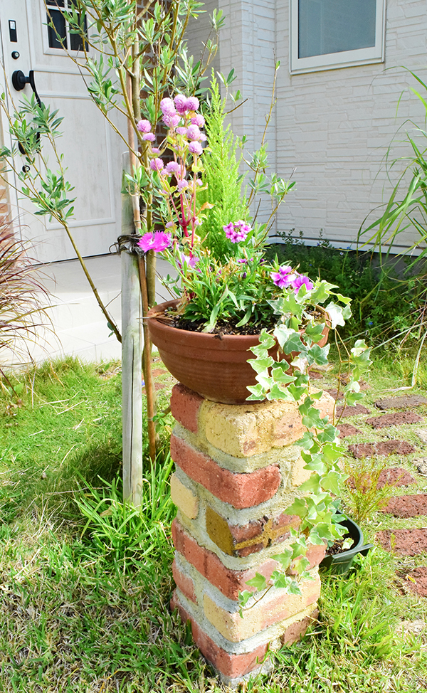 妻が季節の花を楽しむ鉢。控えめな色が多い庭の中で、ピンク色がよく映える。れんが積みの部分は鉢を置くためのステージで、庭師の髙杉さんが「手入れいらずの庭にしたので、ここだけは自分でアレンジできるように」と作った